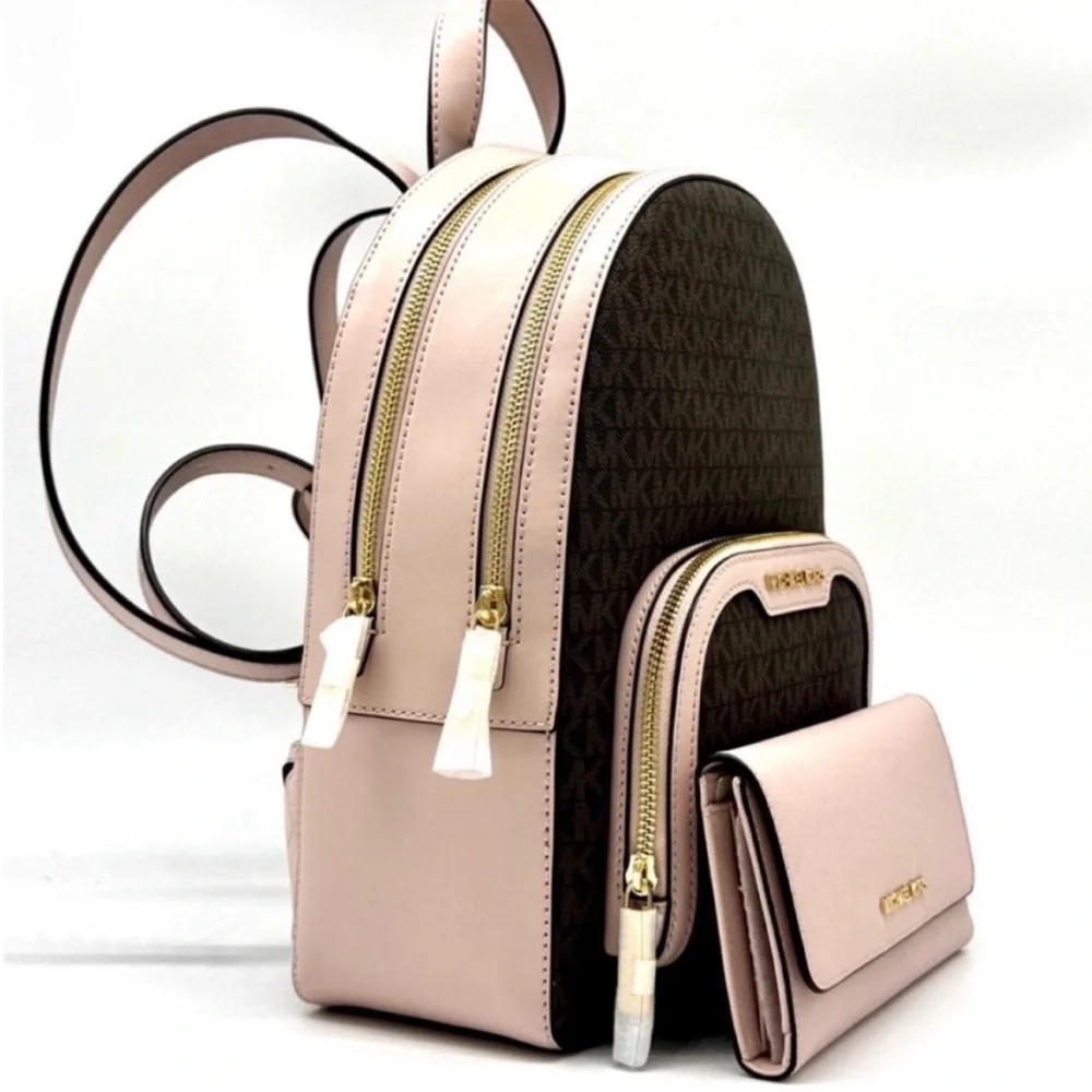 Michael Kors Jaycee Medium Logo Backpack & Matching Trifold Wallet Powder Blush - Picture 4 of 13